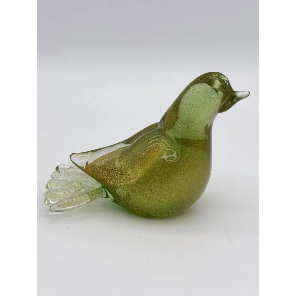 Formia Murano Italy Art Glass Green & Gold Flecked Bird Hand Blown Figurine